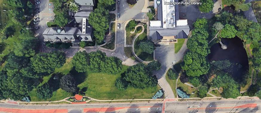 Aerial view of Town Hall and Library