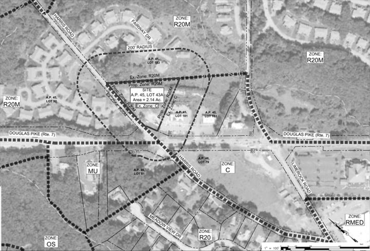 200-foot radius map - Description: Map of 61 Harris Road (AP 45, Lot 43A) and the 200-foot radius, showing the site's existing Commercial (C) and proposed R20M zoning, surrounding zoning districts, and Harris Road, Douglas Pike (Route 7), Fairway Drive, Limerock Road, and Meadow View Drive.